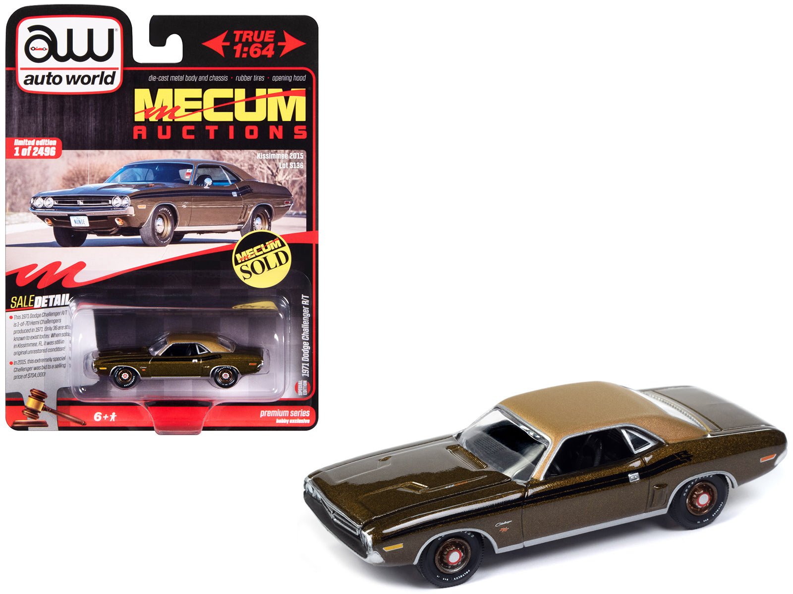 1971 Dodge Challenger R/T Dark Gold Metallic with Gold Vinyl Roof "Mecum Auctions" Limited Edition to 2496 pieces Worldwide "Premium" Series 1/64 Diecast Model Car by Auto World free shipping USA - Rapid Vehicles