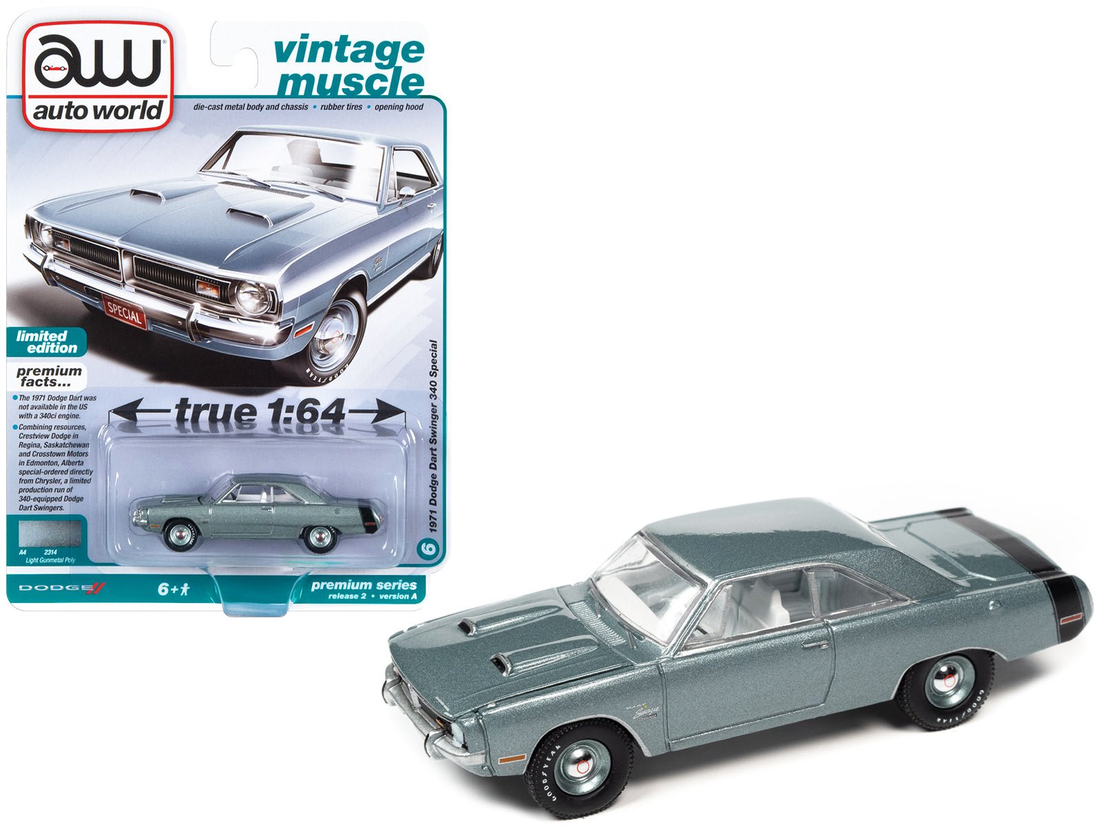 1971 Dodge Dart Swinger 340 Special Light Gunmetal Gray Metallic with Black Tail Stripe "Vintage Muscle" Limited Edition 1/64 Diecast Model Car by Auto World free shipping USA - Rapid Vehicles
