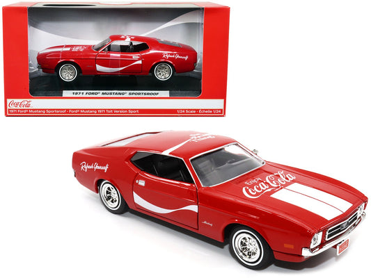 1971 Ford Mustang Sportsroof Red with White Stripes "Refresh Yourself - Coca-Cola" 1/24 Diecast Model Car by Motor City Classics free shipping USA - Rapid Vehicles