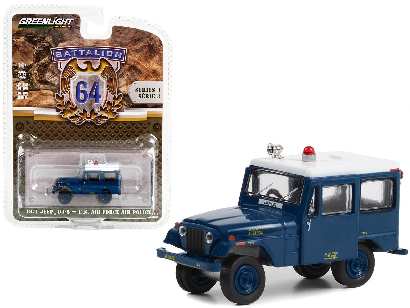 1971 Jeep DJ - 5 "U.S. Air Force Air Police" Blue with White Top "Battalion 64" Series 3 1/64 Diecast Model Car by Greenlight free shipping USA - Rapid Vehicles