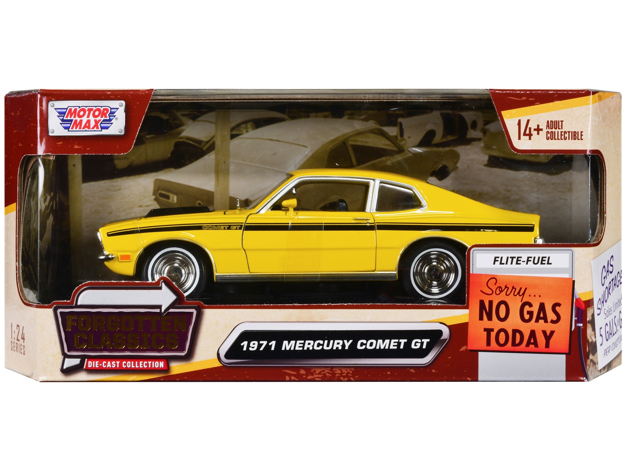 1971 Mercury Comet GT Yellow with Black Stripes "Forgotten Classics" Series 1/24 Diecast Model Car by Motormax free shipping USA - Rapid Vehicles