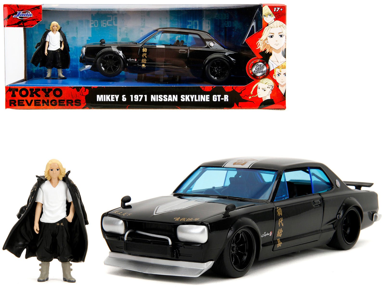 1971 Nissan Skyline GT - R RHD (Right Hand Drive) Black with Silver Stripe and Mikey Diecast Figure "Tokyo Revengers" (2021) TV Series "Anime Hollywood Rides" Series 1/24 Diecast Model Car by Jada free shipping USA - Rapid Vehicles