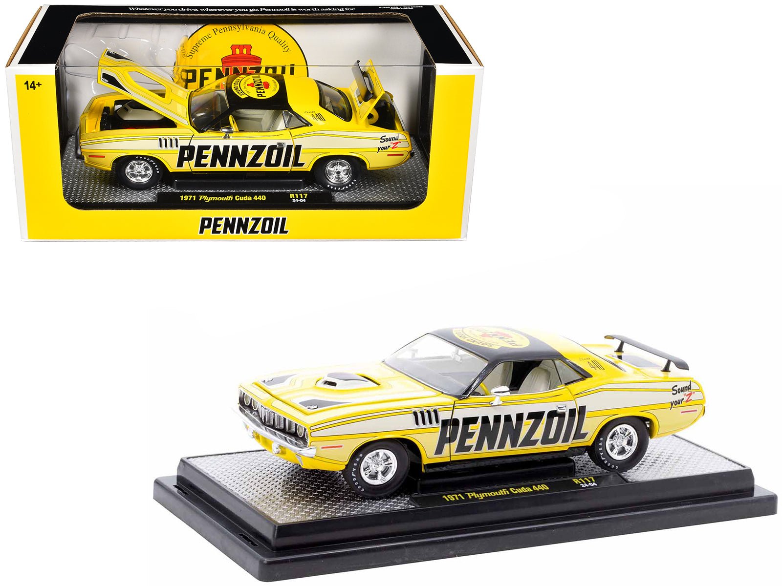 1971 Plymouth Barracuda 440 Yellow with Gray Stripes and Black Top "Pennzoil" Limited Edition to 6250 pieces Worldwide 1/24 Diecast Model Car by M2 Machines free shipping USA - Rapid Vehicles