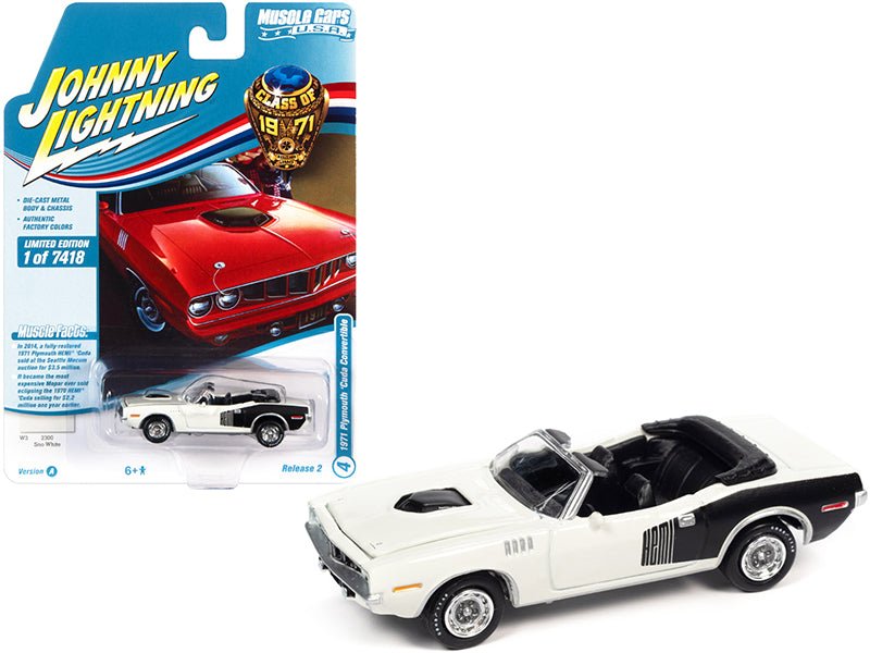 1971 Plymouth Barracuda Convertible Sno White with Black Hemi Side Billboards "Class of 1971" Limited Edition to 7418 pieces Worldwide "Muscle Cars USA" Series 1/64 Diecast Model Car by Johnny Lightning free shipping USA - Rapid Vehicles