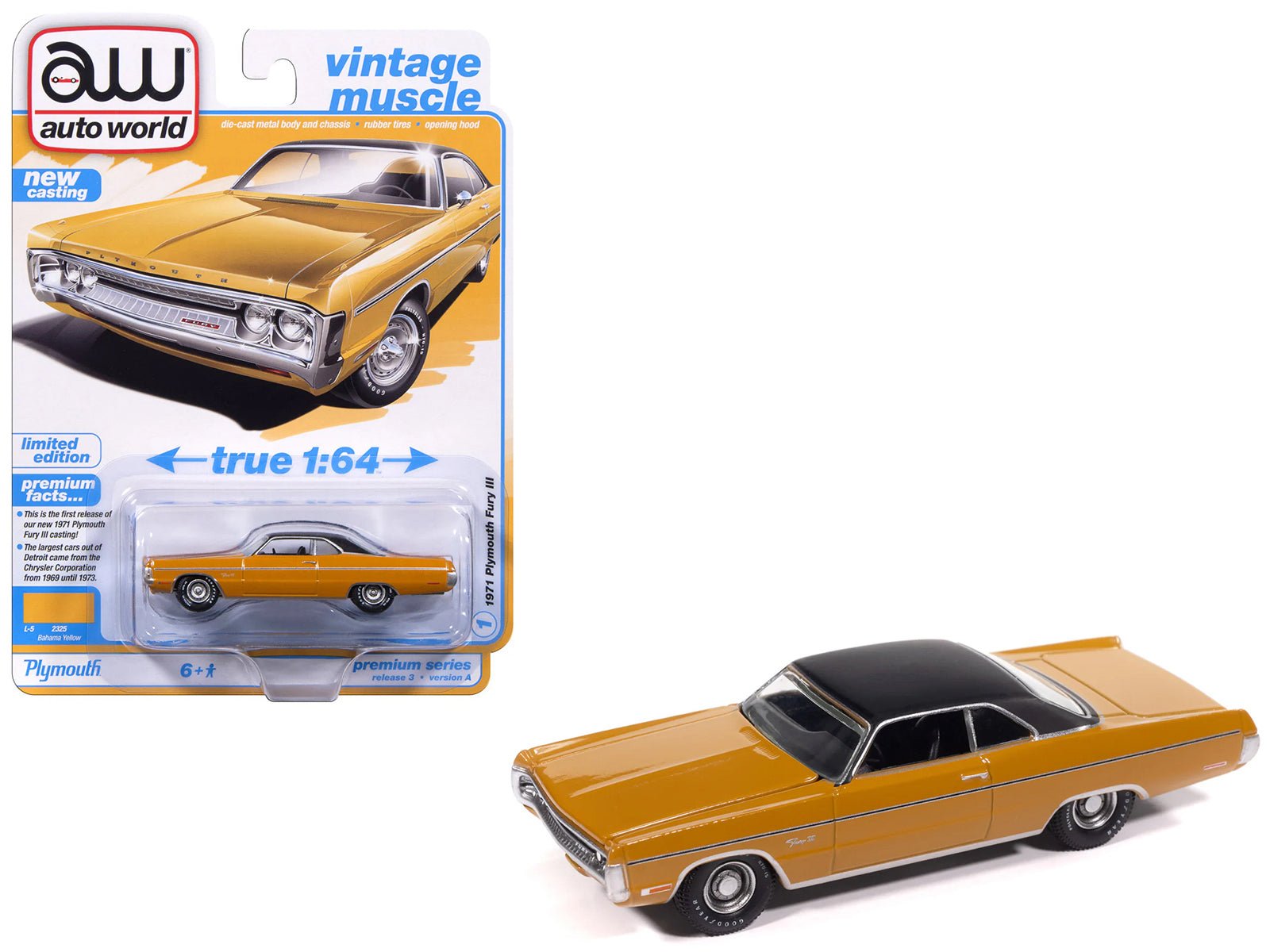 1971 Plymouth Fury III Bahama Yellow with Black Top "Vintage Muscle" Series 1/64 Diecast Model Car by Auto World free shipping USA - Rapid Vehicles
