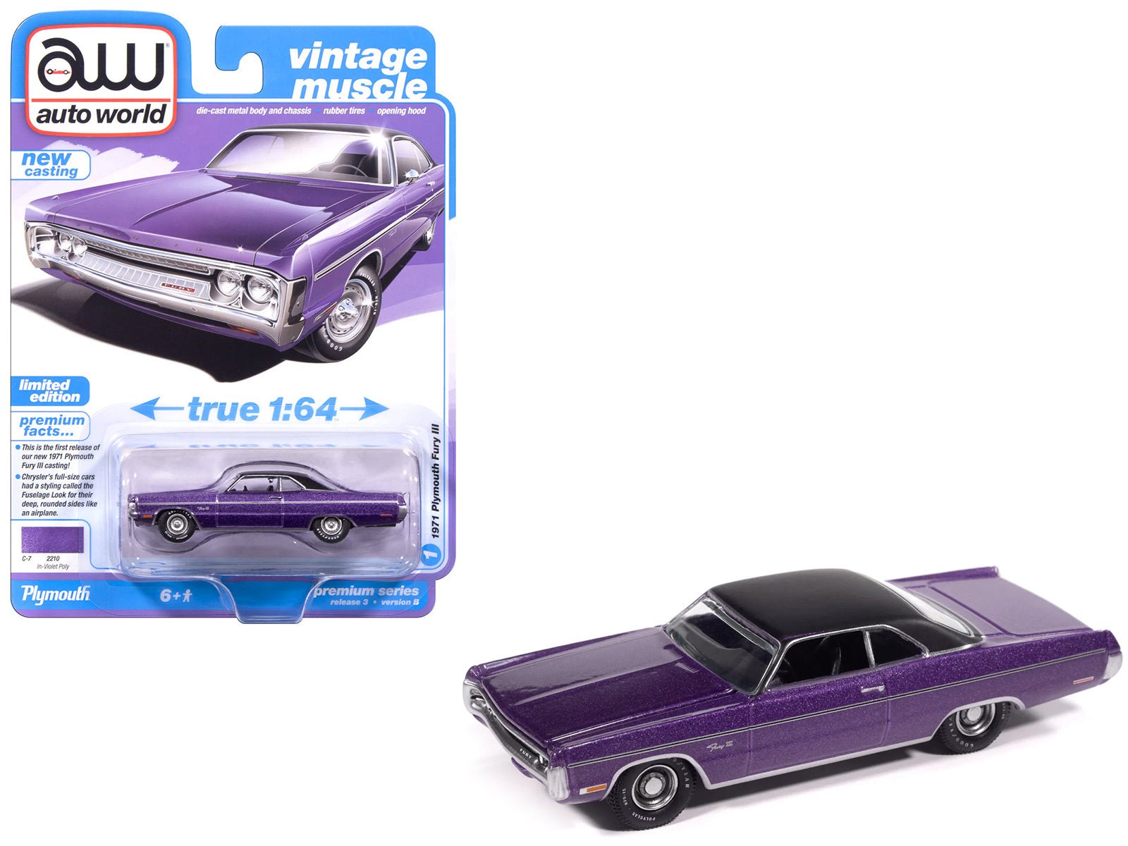 1971 Plymouth Fury III In - Violet Metallic with Black Top "Vintage Muscle" Series 1/64 Diecast Model Car by Auto World free shipping USA - Rapid Vehicles