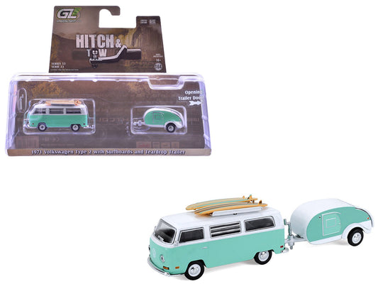 1971 Volkswagen Type 2 Van Seafoam Green and White with Surfboards and Teardrop Trailer "Hitch & Tow" Series 33 1/64 Diecast Model Cars by Greenlight free shipping USA - Rapid Vehicles