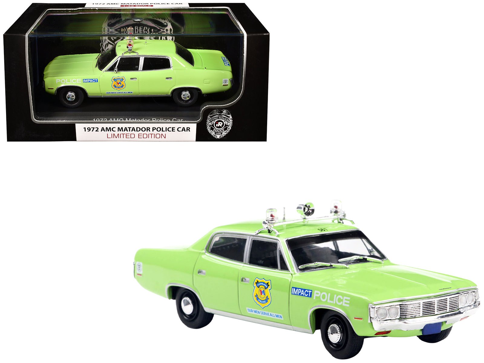 1972 AMC Matador Police Car "Cleveland Police Department" Light Green 1/43 Diecast Model by Iconic Replicas free shipping USA - Rapid Vehicles