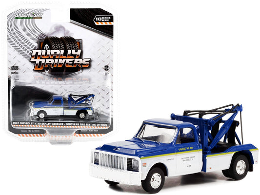 1972 Chevrolet C - 30 Dually Wrecker Truck White and Blue with Yellow Stripes "Goodyear Tire Testing Division" "Dually Drivers" Series 10 1/64 Diecast Model Car by Greenlight free shipping USA - Rapid Vehicles