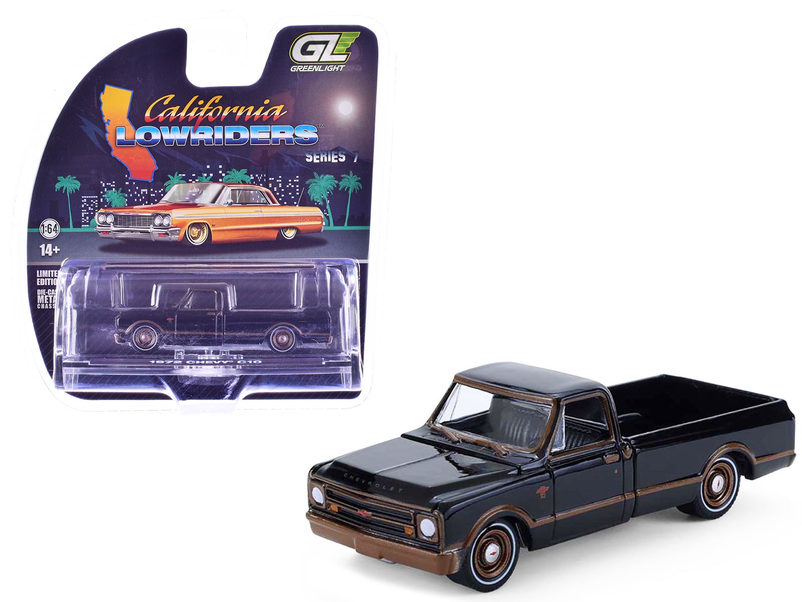 1972 Chevrolet C10 Pickup Truck Lowrider Black with Bronze Stripes "California Lowriders" Series 7 1/64 Diecast Model Car by Greenlight free shipping USA - Rapid Vehicles