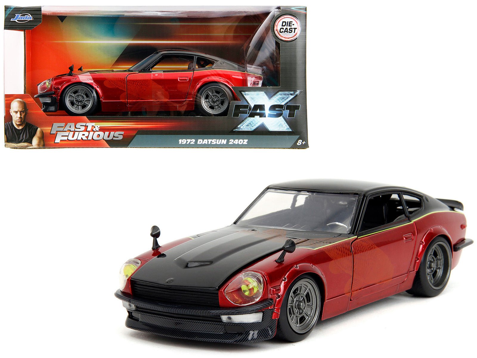 1972 Datsun 240Z Black and Red Metallic with Graphics "Fast X" (2023) Movie "Fast & Furious" Series 1/24 Diecast Model Car by Jada free shipping USA - Rapid Vehicles