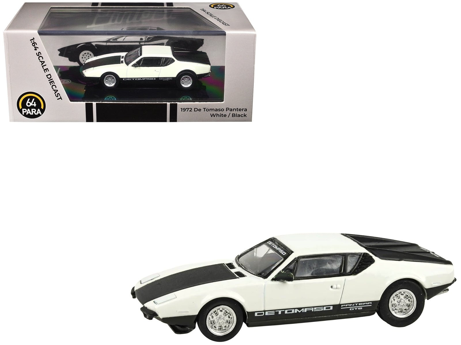 1972 De Tomaso Pantera White and Black 1/64 Diecast Model Car by Paragon Models - Rapid Vehicles