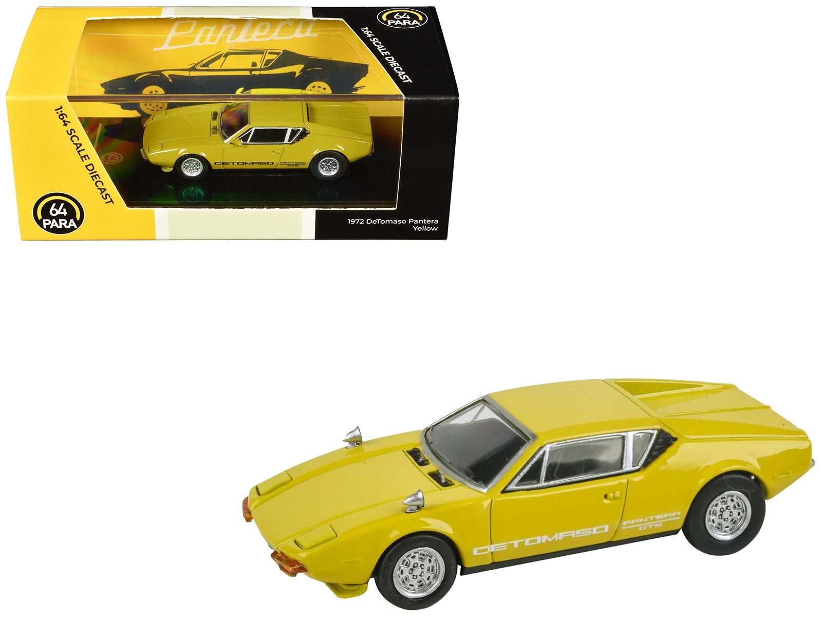 1972 De Tomaso Pantera Yellow 1/64 Diecast Model Car by Paragon Models - Rapid Vehicles