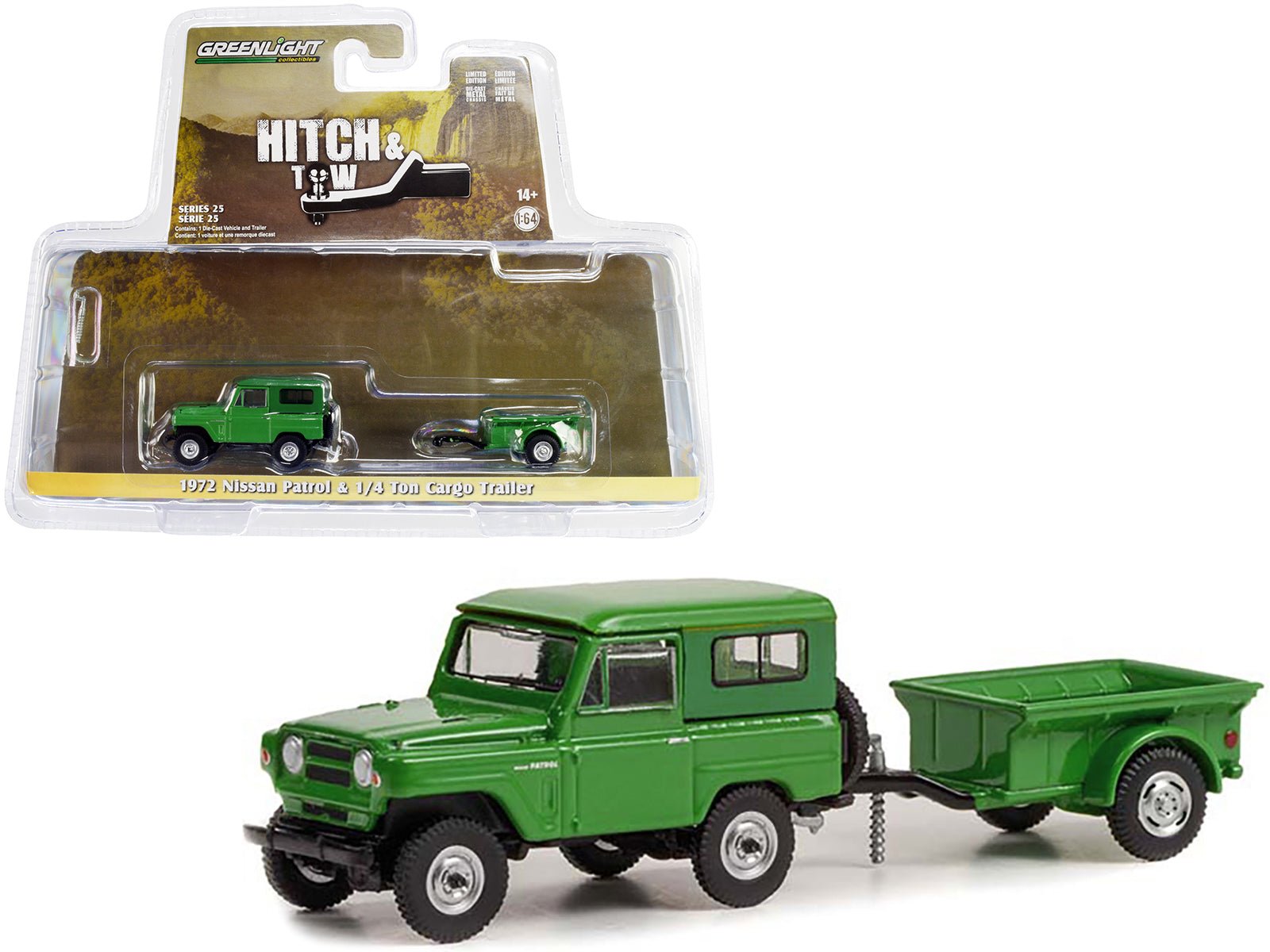 1972 Nissan Patrol Green with 1/4 Ton Cargo Trailer "Hitch & Tow" Series 25 1/64 Diecast Model Car by Greenlight free shipping USA - Rapid Vehicles