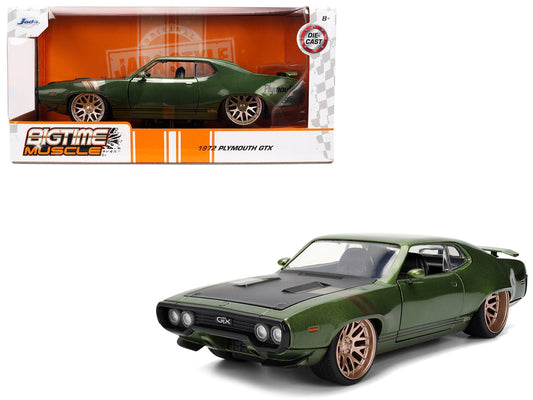 1972 Plymouth GTX Green Metallic with Matt Black Hood and Gold Stripes "Bigtime Muscle" Series 1/24 Diecast Model Car by Jada free shipping USA - Rapid Vehicles