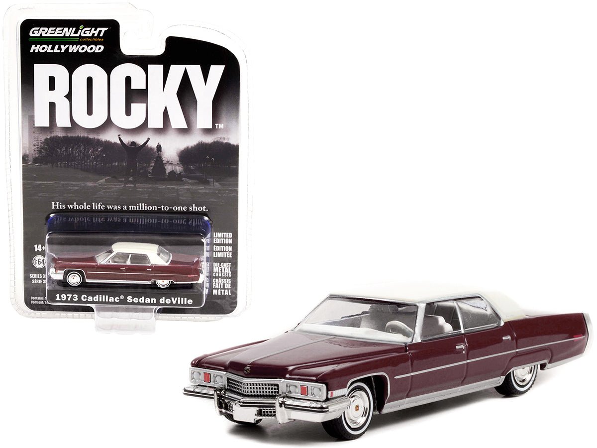1973 Cadillac Sedan DeVille Burgundy with White Top "Rocky" (1976) Movie "Hollywood Series" Release 35 1/64 Diecast Model Car by Greenlight free shipping USA - Rapid Vehicles