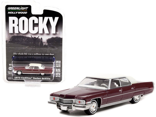 1973 Cadillac Sedan DeVille Burgundy with White Top "Rocky" (1976) Movie "Hollywood Series" Release 35 1/64 Diecast Model Car by Greenlight free shipping USA - Rapid Vehicles