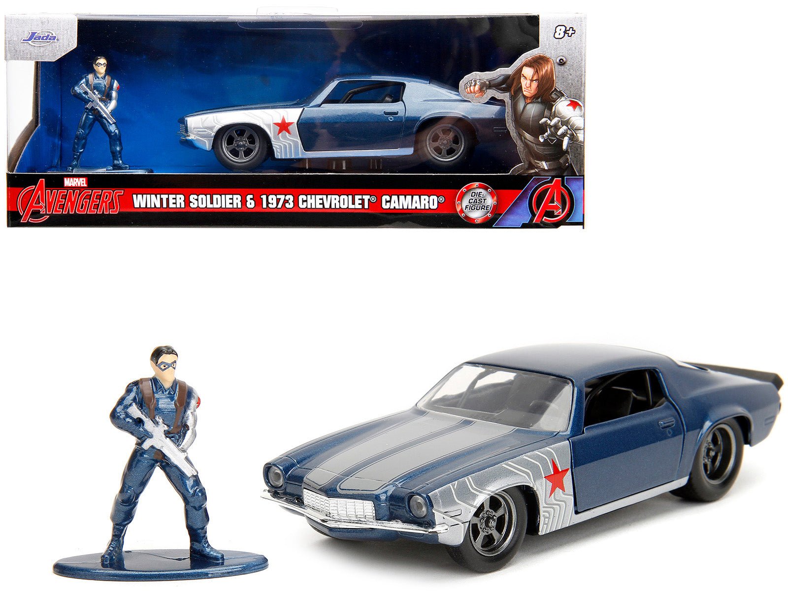 1973 Chevrolet Camaro Dark Blue Metallic with Gray Stripes and Winter Soldier Diecast Figure "Marvel Avengers" "Hollywood Rides" Series 1/32 Diecast Model Car by Jada free shipping USA - Rapid Vehicles