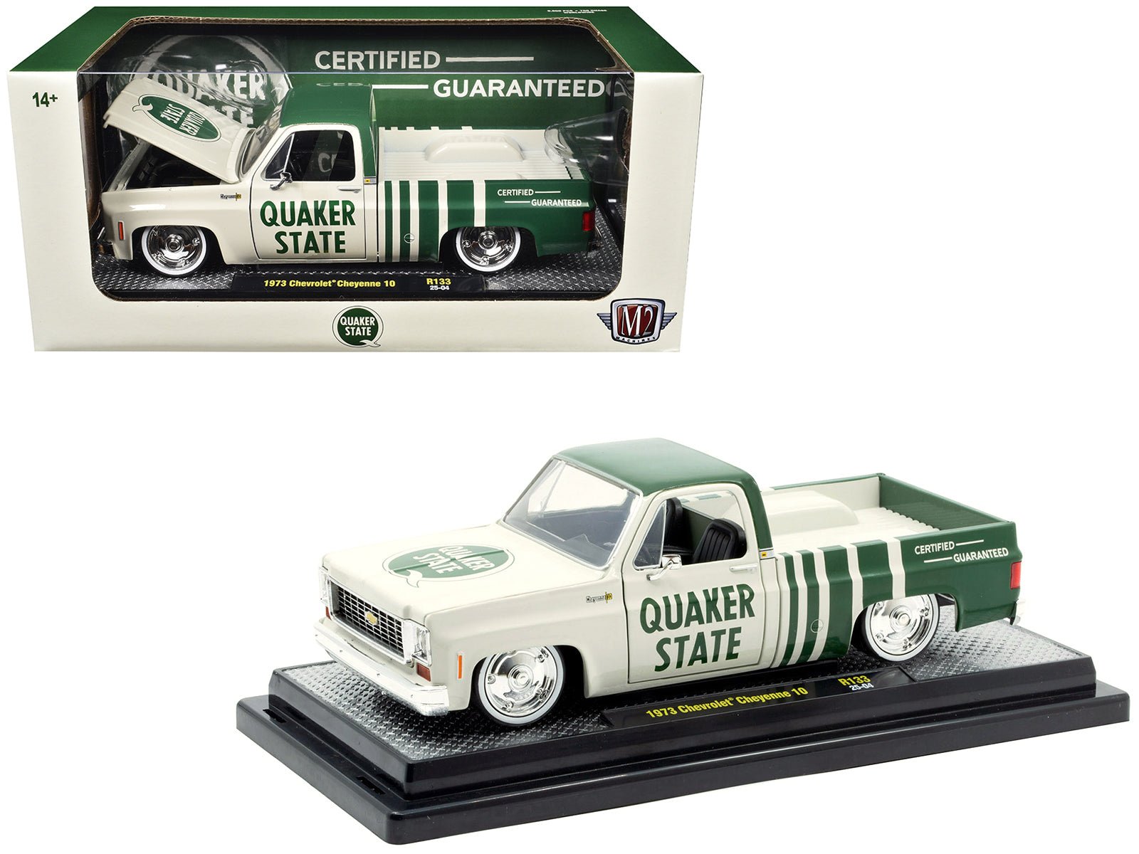 1973 Chevrolet Cheyenne 10 Pickup Truck "Quaker State" Beige and Green Limited Edition to 9600 pieces Worldwide 1/24 Diecast Model Car by M2 Machines free shipping USA - Rapid Vehicles