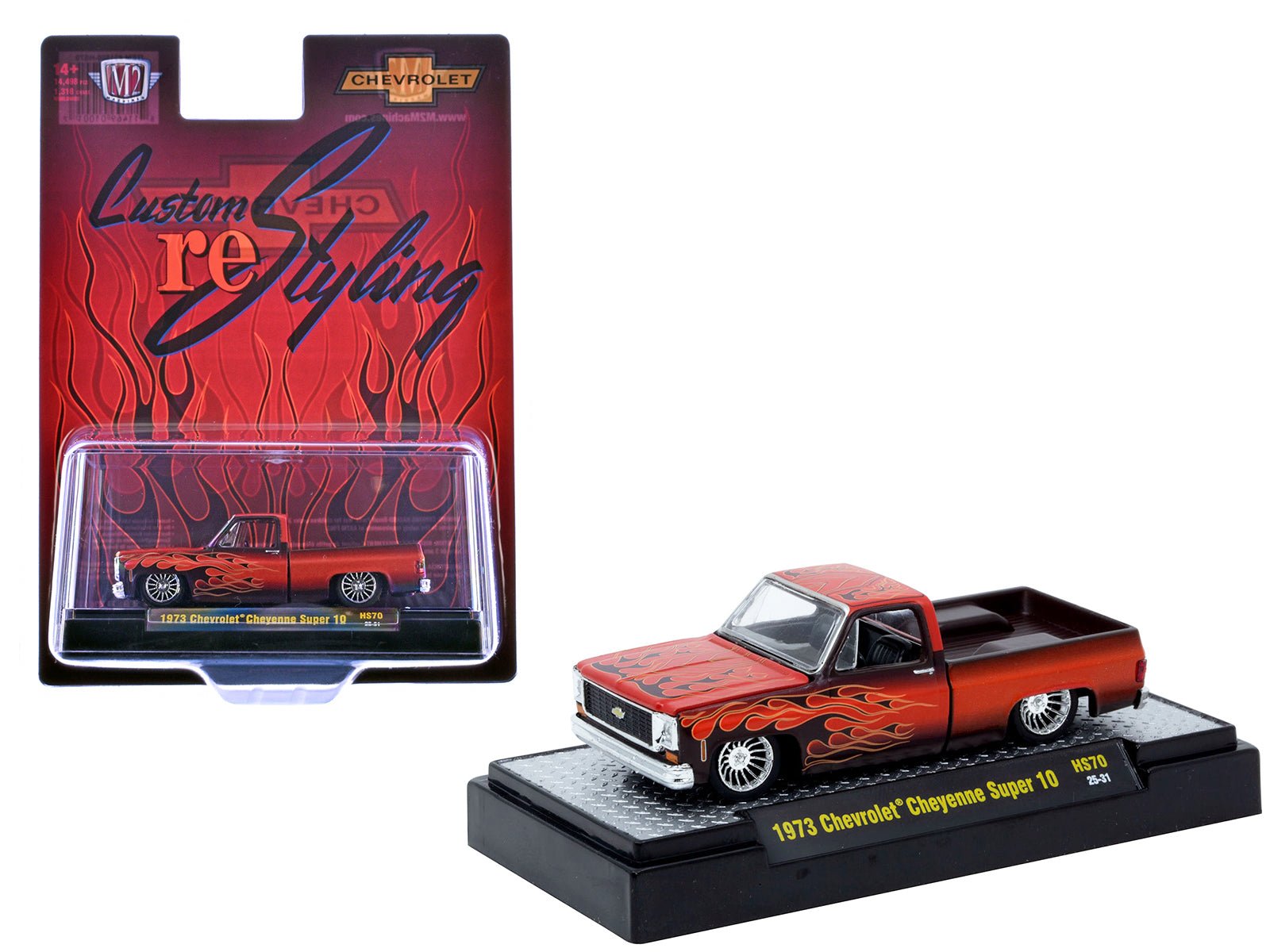 1973 Chevrolet Cheyenne Super 10 Pickup Truck "Custom Re-Styling" Red with Flame Graphics Limited Edition to 14498 pieces Worldwide 1/64 Diecast Model Car by M2 Machines free shipping USA - Rapid Vehicles
