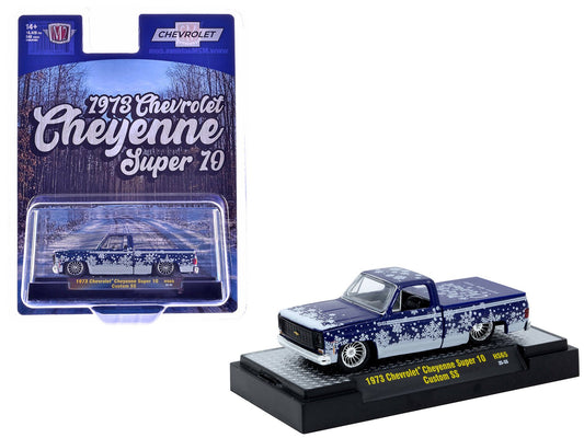 1973 Chevrolet Cheyenne Super 10 Pickup Truck "Merry Christmas - Happy New Year" Blue Metallic with White Snow Graphics Limited Edition to 10428 pieces Worldwide 1/64 Diecast Model Car by M2 Machines free shipping USA - Rapid Vehicles