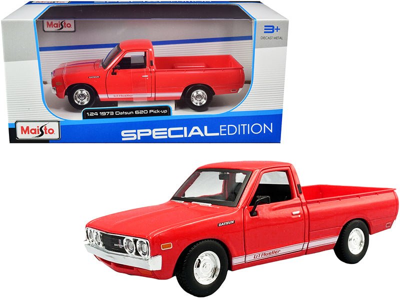 1973 Datsun 620 Pickup Truck "Li'l Hustler" Red with White Stripes "Special Edition" Series 1/24 Diecast Model Car by Maisto free shipping USA - Rapid Vehicles