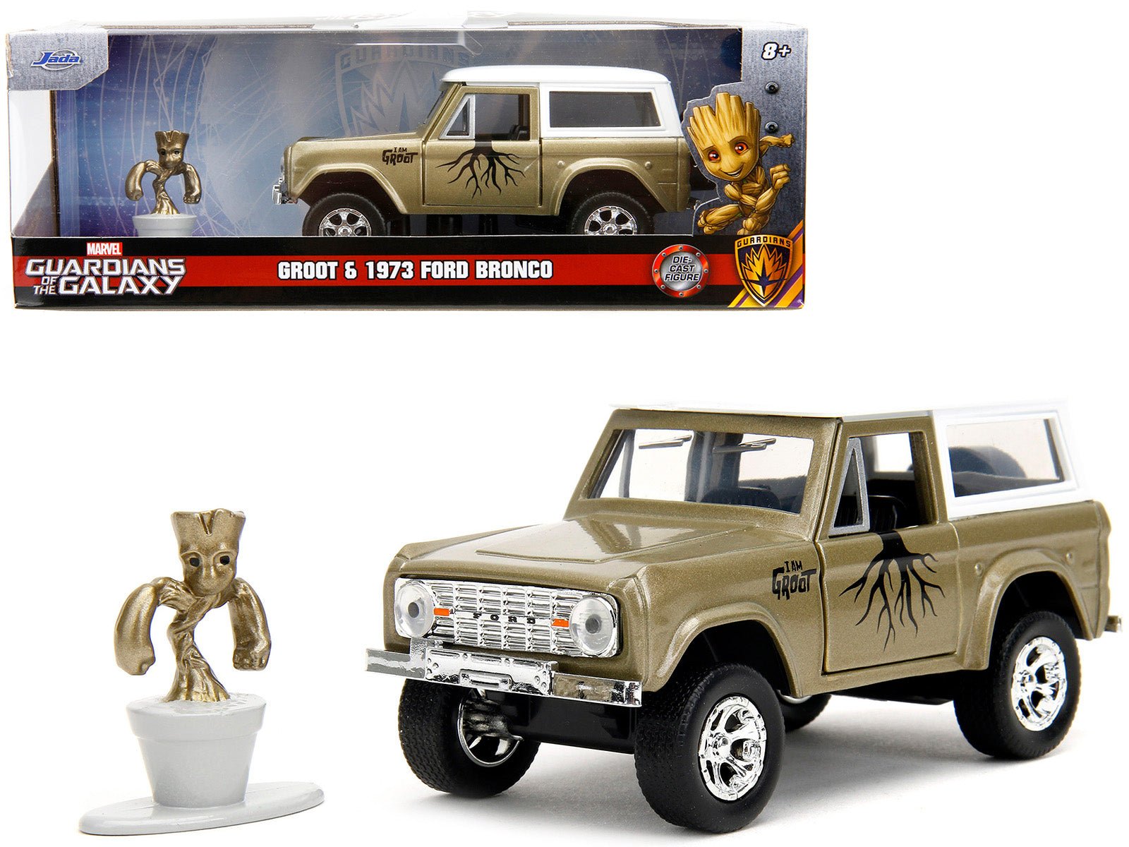 1973 Ford Bronco Gold Metallic with White Top and Groot Diecast Figure "Guardians of the Galaxy" "Marvel" Series 1/32 Diecast Model Car by Jada free shipping USA - Rapid Vehicles
