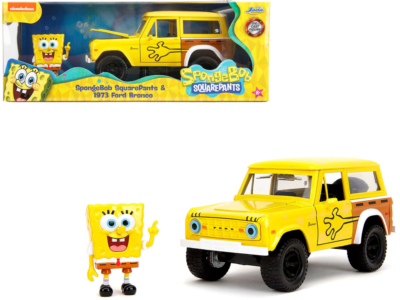 1973 Ford Bronco Yellow with Graphics and SpongeBob SquarePants Diecast Figure "SpongeBob SquarePants" (1999–Current) TV Series "Hollywood Rides" Series 1/24 Diecast Model Car by Jada free shipping USA - Rapid Vehicles