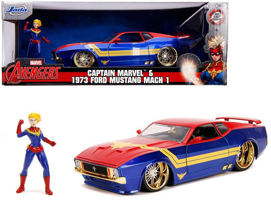 1973 Ford Mustang Mach 1 with Captain Marvel Diecast Figurine "Avengers" "Marvel" Series 1/24 Diecast Model Car by Jada free shipping USA - Rapid Vehicles