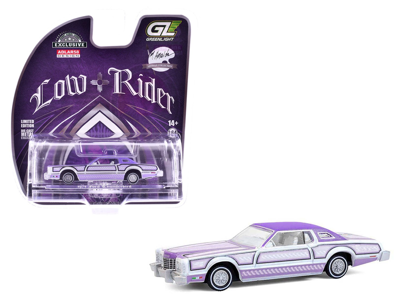 1973 Ford Thunderbird Lowrider "Michael Heralda Special Edition" Purple Metallic with Graphics and White Interior "Hobby Exclusive" Series 1/64 Diecast Model Car by Greenlight free shipping USA - Rapid Vehicles