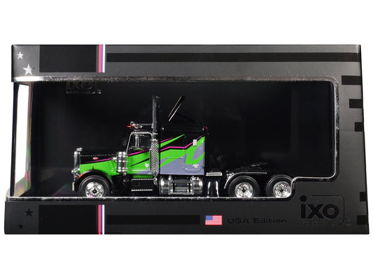 1973 Peterbilt 359 Truck Tractor Black and Lime Green with Graphics 1/64 Diecast Model by IXO Models free shipping USA - Rapid Vehicles