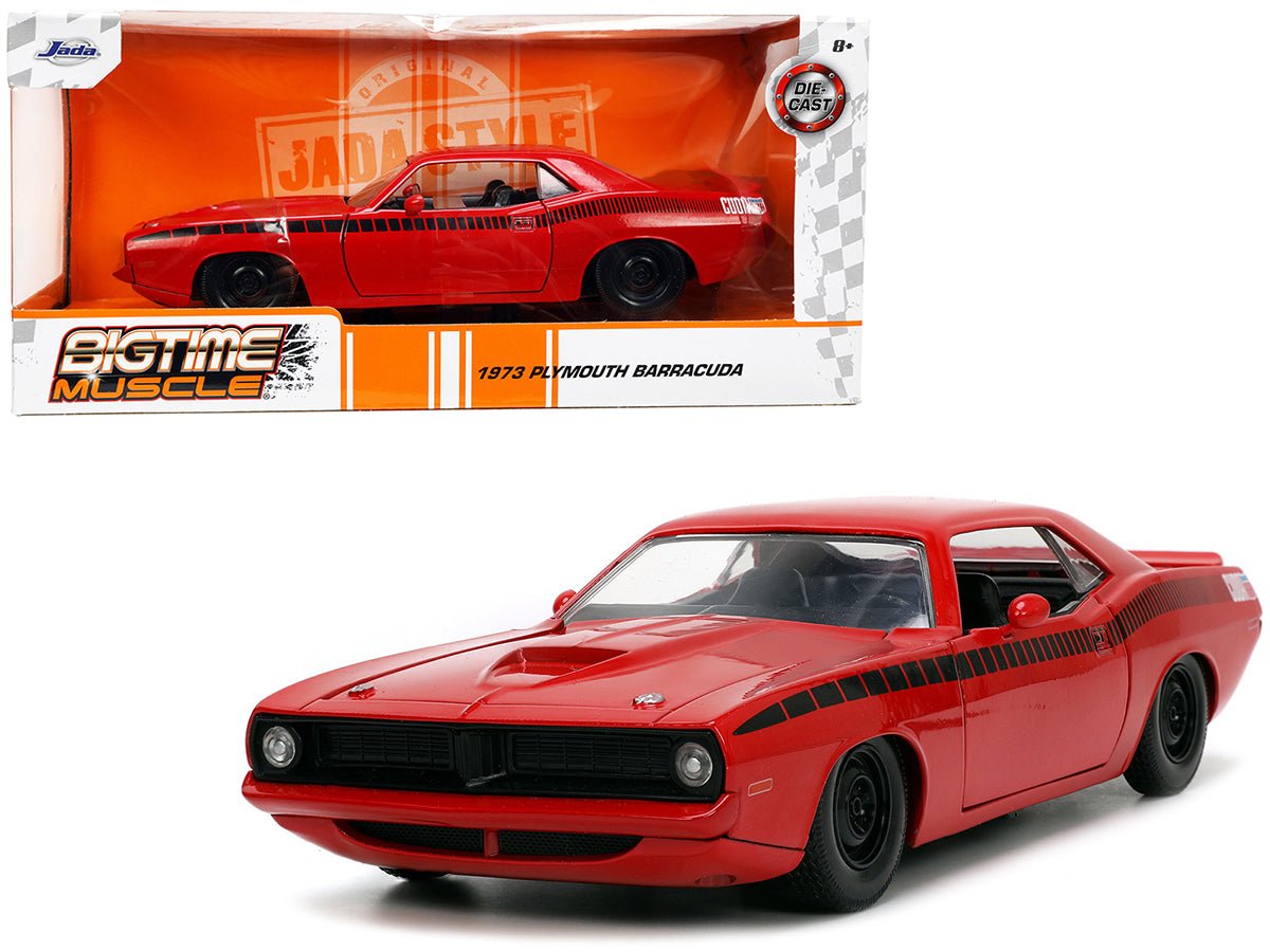 1973 Plymouth Barracuda Red with Black Stripes "Bigtime Muscle" Series 1/24 Diecast Model Car by Jada free shipping USA - Rapid Vehicles