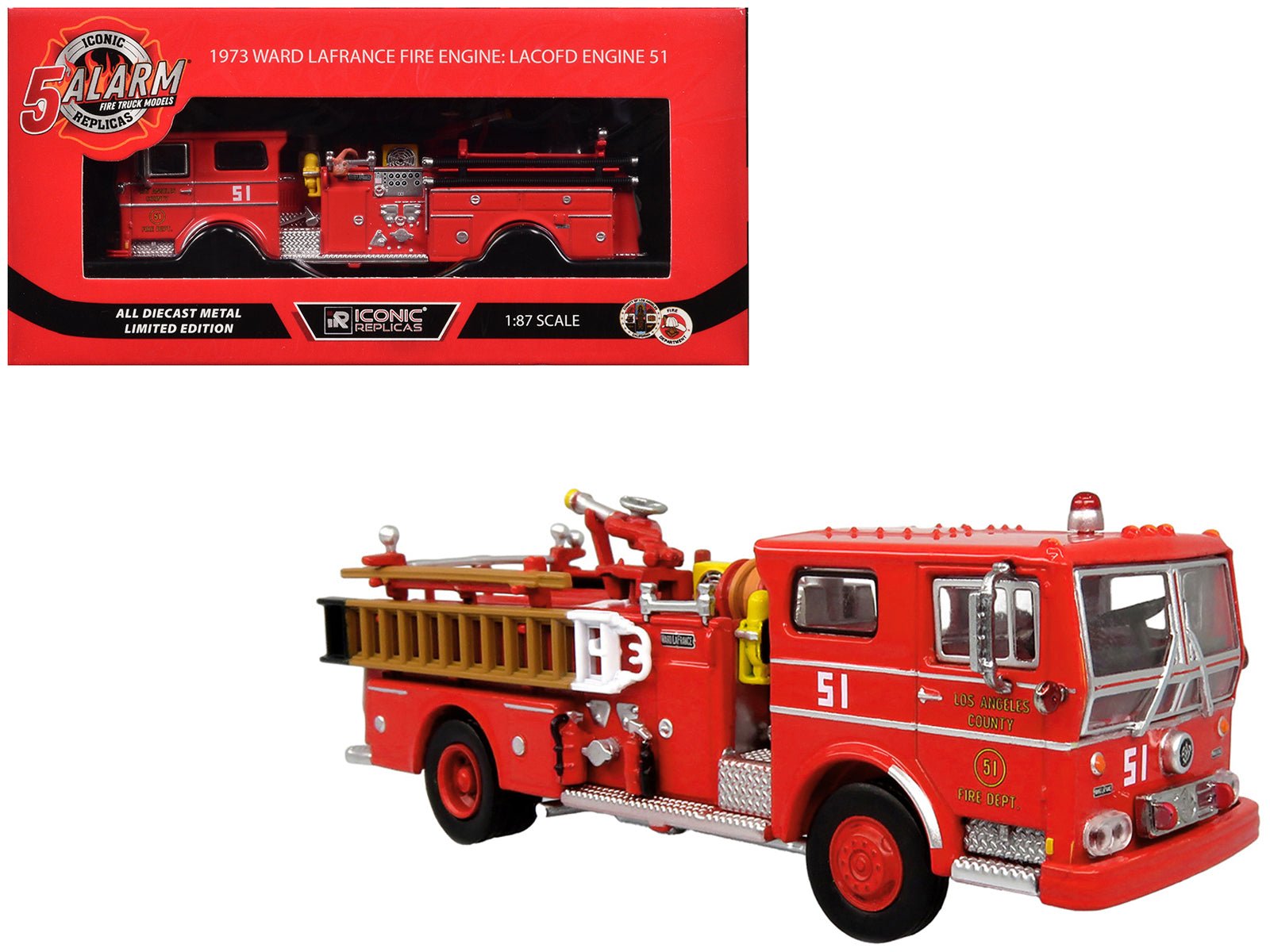 1973 Ward LaFrance Fire Engine "Los Angeles County Fire Department Engine 51" Red "5 Alarm" Series Limited Edition 1/87 (HO) Diecast Model by Iconic Replicas free shipping USA - Rapid Vehicles