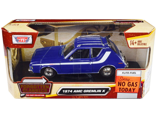 1974 AMC Gremlin X Blue with White Stripes and Roof Rack "Forgotten Classics" Series 1/24 Diecast Model Car by Motormax free shipping USA - Rapid Vehicles