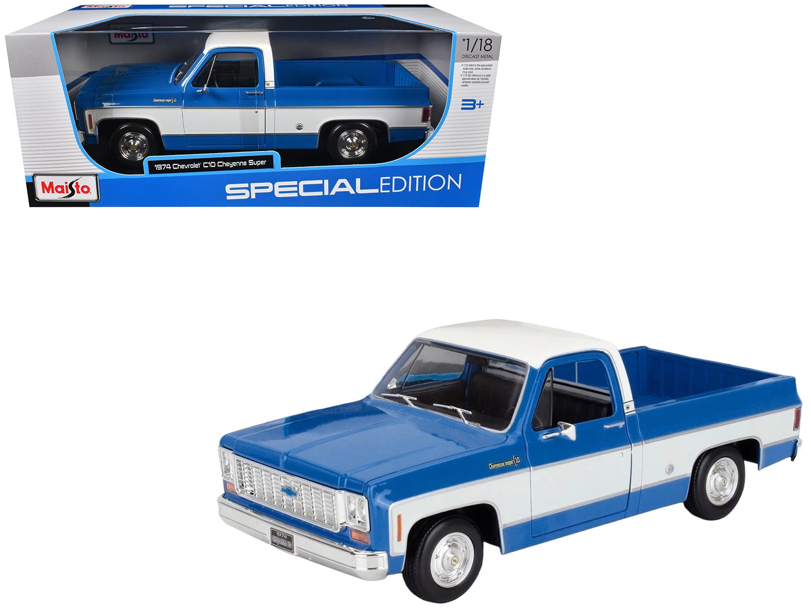1974 Chevrolet C10 Cheyenne Super Pickup Truck Blue and White "Special Edition" Series 1/18 Diecast Model Car by Maisto free shipping USA - Rapid Vehicles