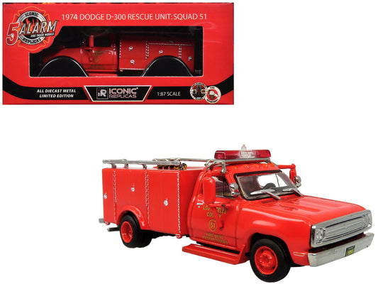 1974 Dodge D - 300 Rescue Unit "Los Angeles County Fire Department Squad 51" Red "5 Alarm" Series Limited Edition 1/87 (HO) Diecast Model by Iconic Replicas free shipping USA - Rapid Vehicles