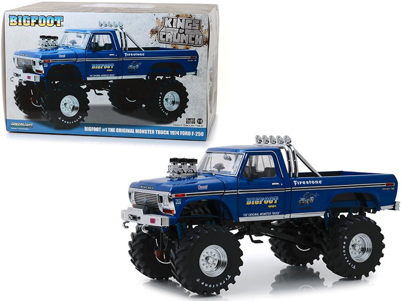 1974 Ford F - 250 Bigfoot 1 The Original Monster Truck Blue with 48 - Inch Tires "Kings of Crunch" 1/18 Diecast Model Car by Greenlight free shipping USA - Rapid Vehicles