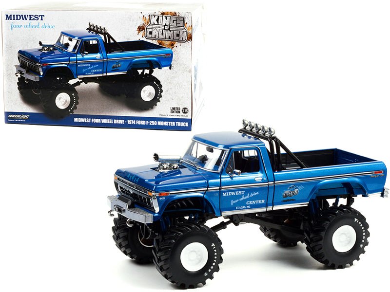 1974 Ford F - 250 Ranger XLT Monster Truck with 48 - Inch Tires Blue Metallic "Midwest Four Wheel Drive Center" "Kings of Crunch" Series 1/18 Diecast Model Car by Greenlight free shipping USA - Rapid Vehicles