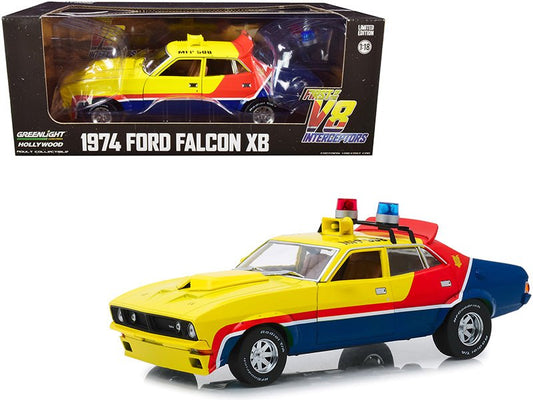 1974 Ford Falcon XB 4 - Door Sedan RHD (Right Hand Drive) Yellow and Blue with Red Stripes "MFP 508" "First of the V8 Interceptors" (1979) Movie 1/18 Diecast Model Car by Greenlight free shipping USA - Rapid Vehicles