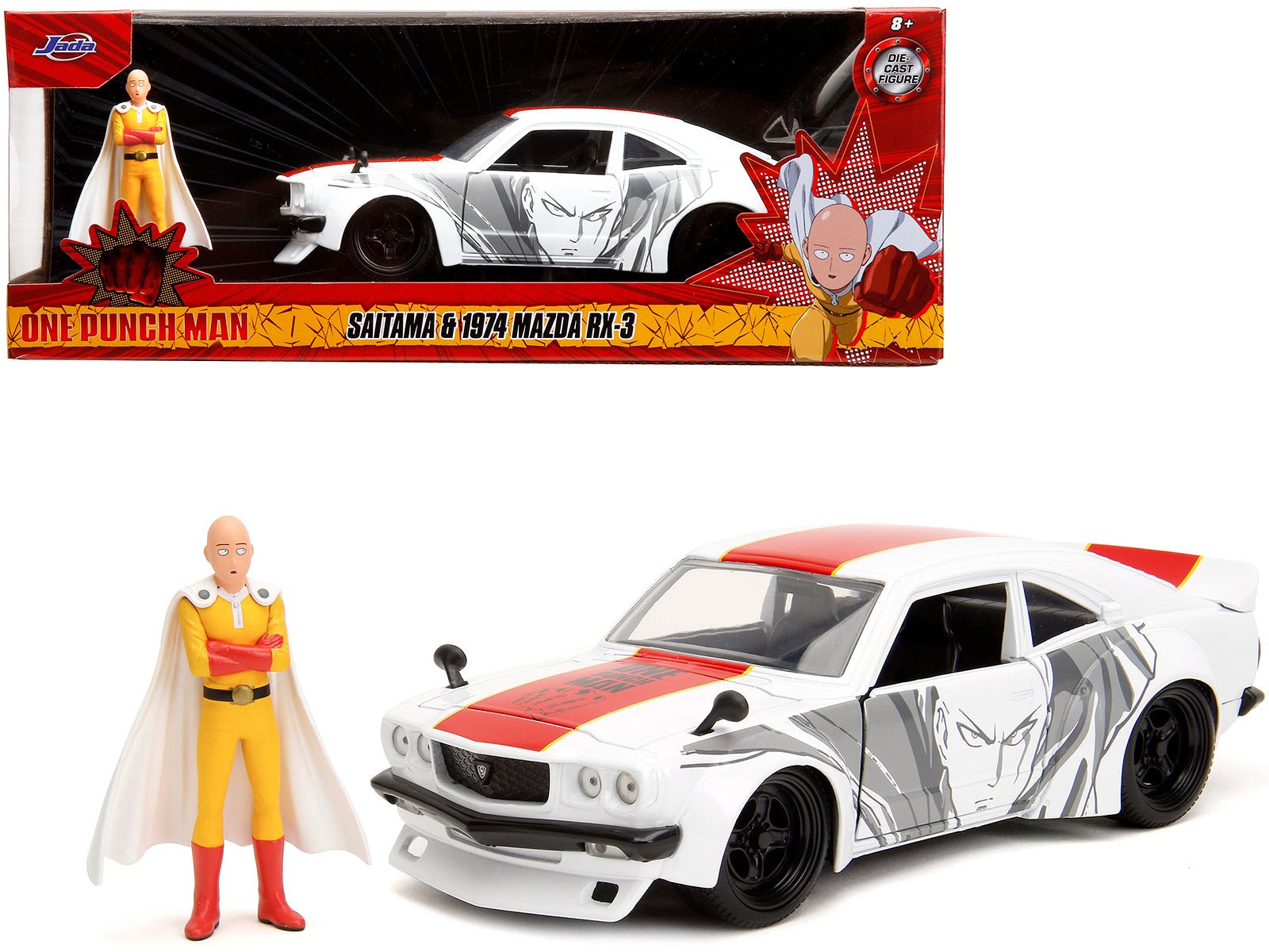 1974 Mazda RX - 3 White with Red Stripe and Graphics and Saitama Diecast Figure "One Punch Man" (2015 - 2019) TV Series 1/24 Diecast Model Car by Jada free shipping USA - Rapid Vehicles