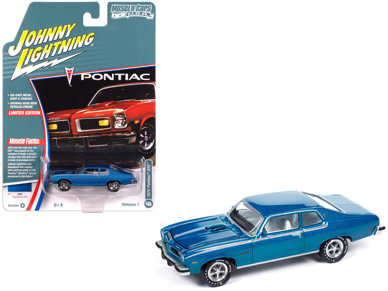 1974 Pontiac GTO Regatta Blue Metallic with White Interior "Muscle Cars USA" Series 1/64 Diecast Model Car by Johnny Lightning free shipping USA - Rapid Vehicles