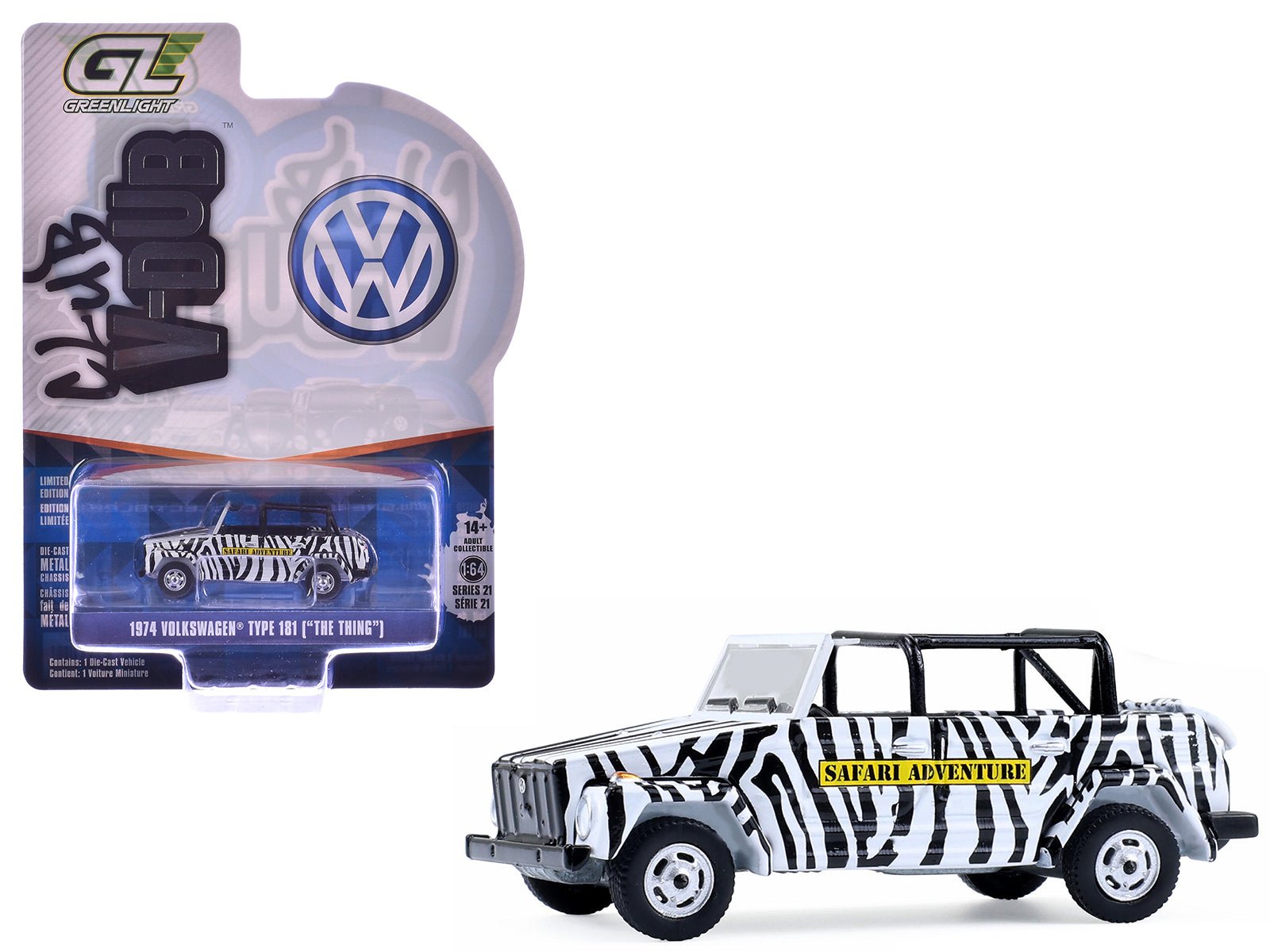 1974 Volkswagen Thing (Type 181) "Safari Adventure" Black and White Zebra Stripes "Club Vee - Dub" Series 21 1/64 Diecast Model Car by Greenlight free shipping USA - Rapid Vehicles