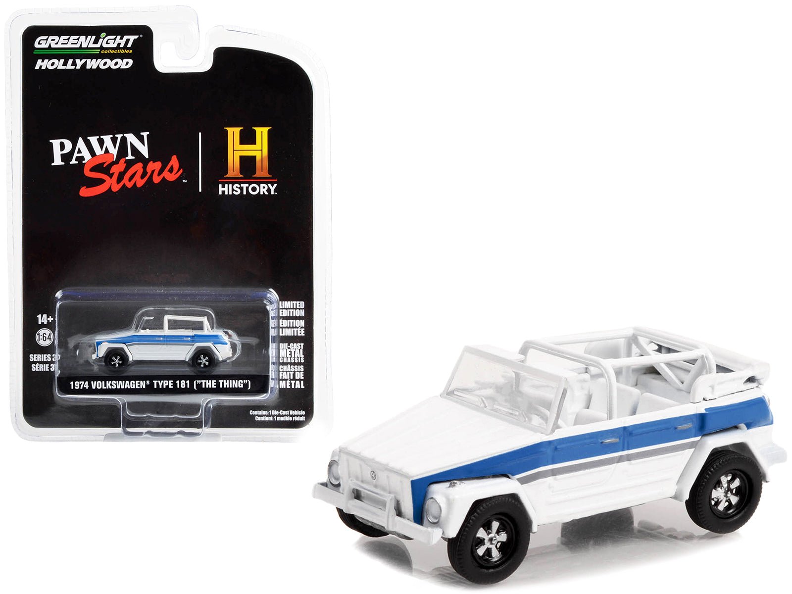 1974 Volkswagen Thing (Type 181) White with Blue Stripes "Pawn Stars" (2009 - Current) TV Series "Hollywood Series" Release 37 1/64 Diecast Model Car by Greenlight free shipping USA - Rapid Vehicles