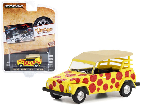 1974 Volkswagen Thing Type 181 Yellow with Red Polka Dots "Volkswagen Presents The Thing. It Can Be Anything!!!" "Vintage Ad Cars" Series 8 1/64 Diecast Model Car by Greenlight free shipping USA - Rapid Vehicles