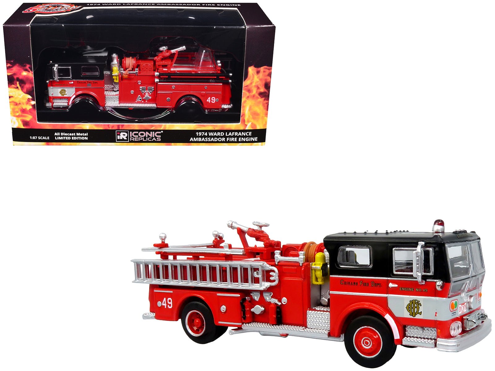 1974 Ward LaFrance Fire Engine "Chicago Fire Department - Engine 49" Red with Black Top "5 Alarm" Series Limited Edition 1/87 (HO) Diecast Model by Iconic Replicas free shipping USA - Rapid Vehicles