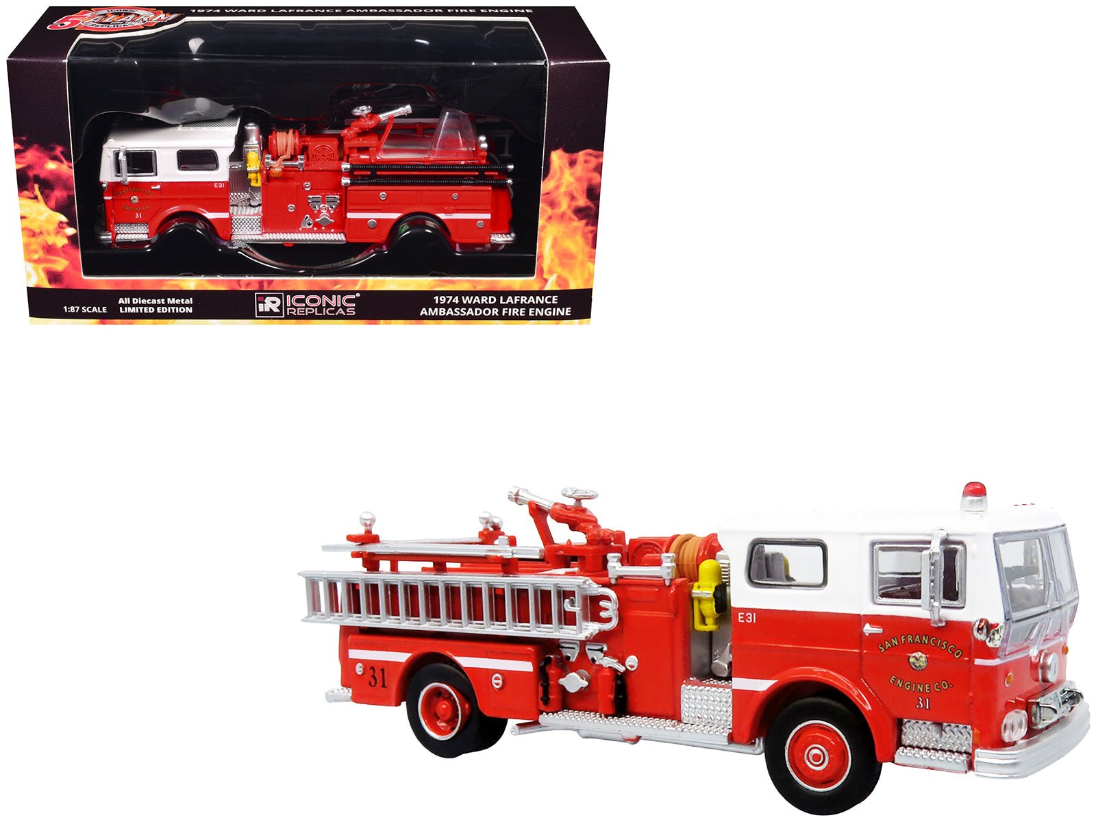 1974 Ward LaFrance Fire Engine "San Francisco Fire Department – Engine 31" Red with White Top "5 Alarm" Series Limited Edition 1/87 (HO) Diecast Model by Iconic Replicas free shipping USA - Rapid Vehicles