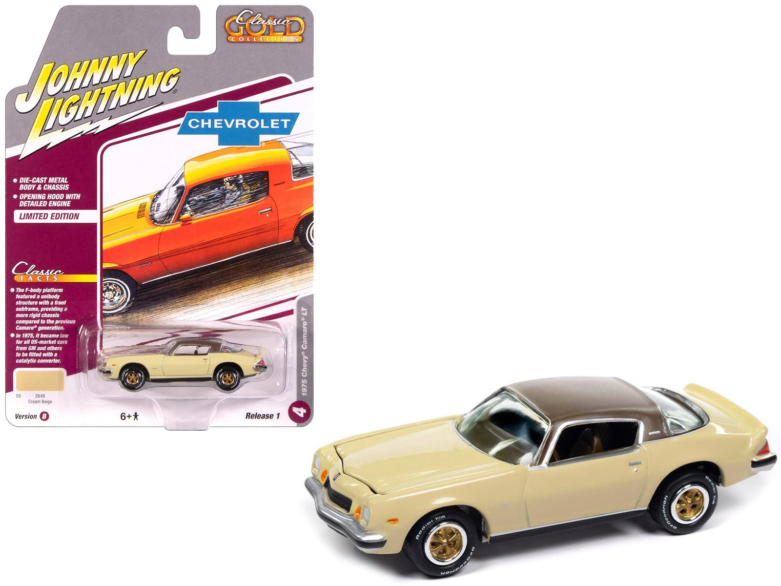 1975 Chevrolet Camaro LT Cream Beige with Brown Top "Classic Gold Collection" 1/64 Diecast Model Car by Johnny Lightning free shipping USA - Rapid Vehicles