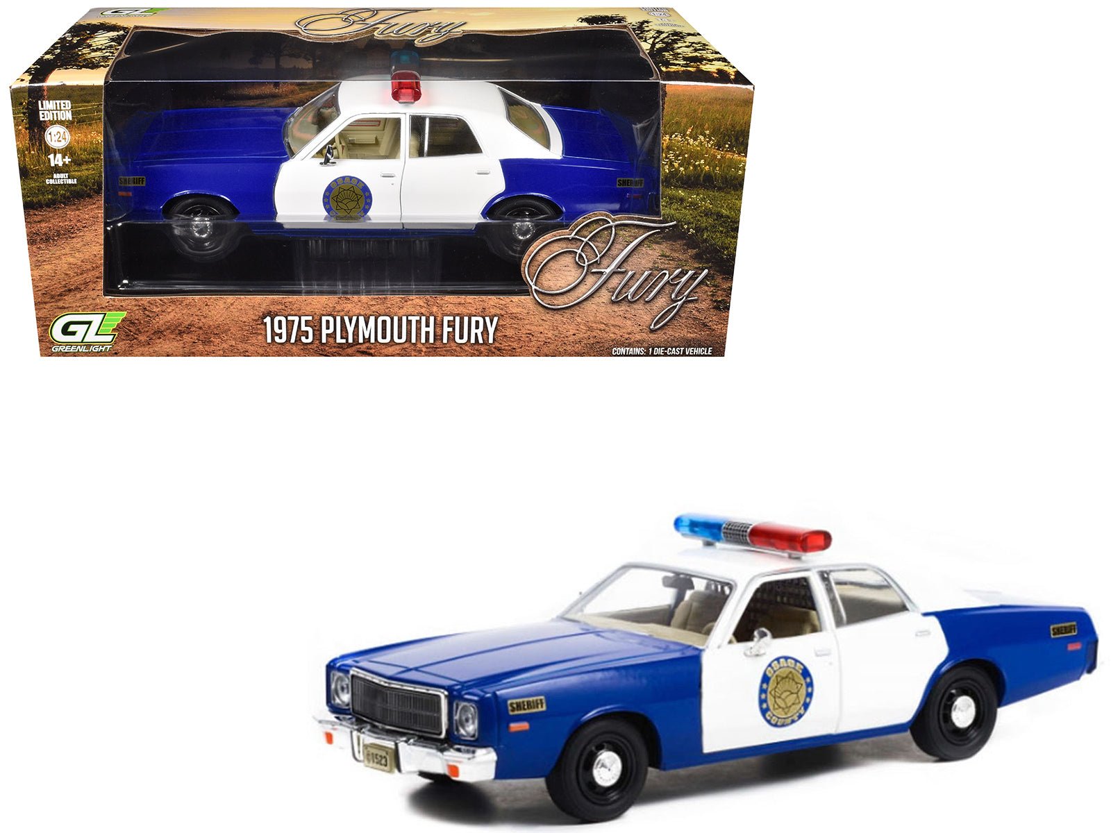 1975 Plymouth Fury "Osage County Sheriff" Blue and White 1/24 Diecast Model Car by Greenlight free shipping USA - Rapid Vehicles
