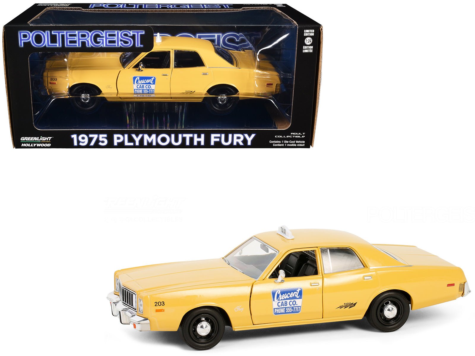 1975 Plymouth Fury Taxi "Crescent Cab Co." Yellow "Poltergeist" (1982) Movie "Hollywood" Series 20 1/24 Diecast Model Car by Greenlight free shipping USA - Rapid Vehicles