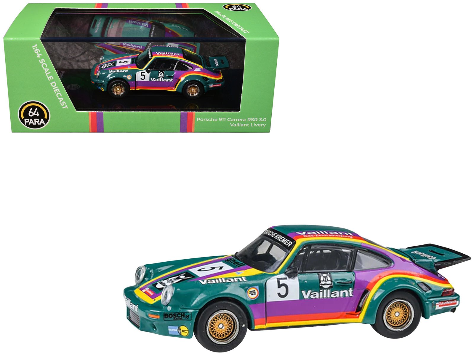 1975 Porsche 911 Carrera RSR 3.0 5 "Kremer Racing - Vaillant" Green with Stripes 1/64 Diecast Model Car by Paragon Models free shipping USA - Rapid Vehicles